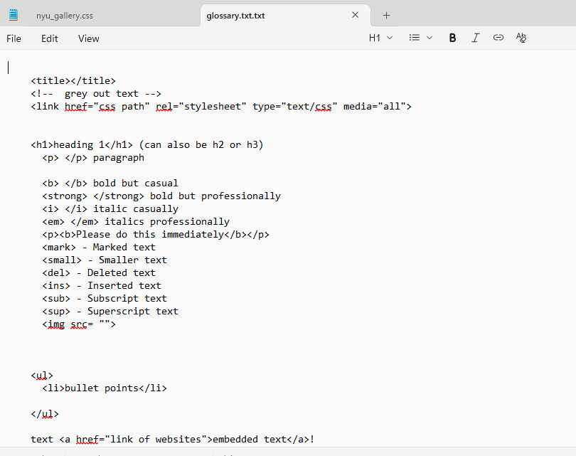 text file contains HTML and CSS glossary